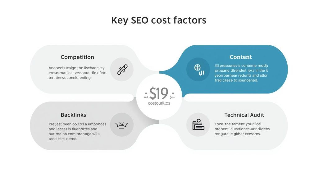 Infografic modern cu principalii factori care influențează costuri de optimizare SEO