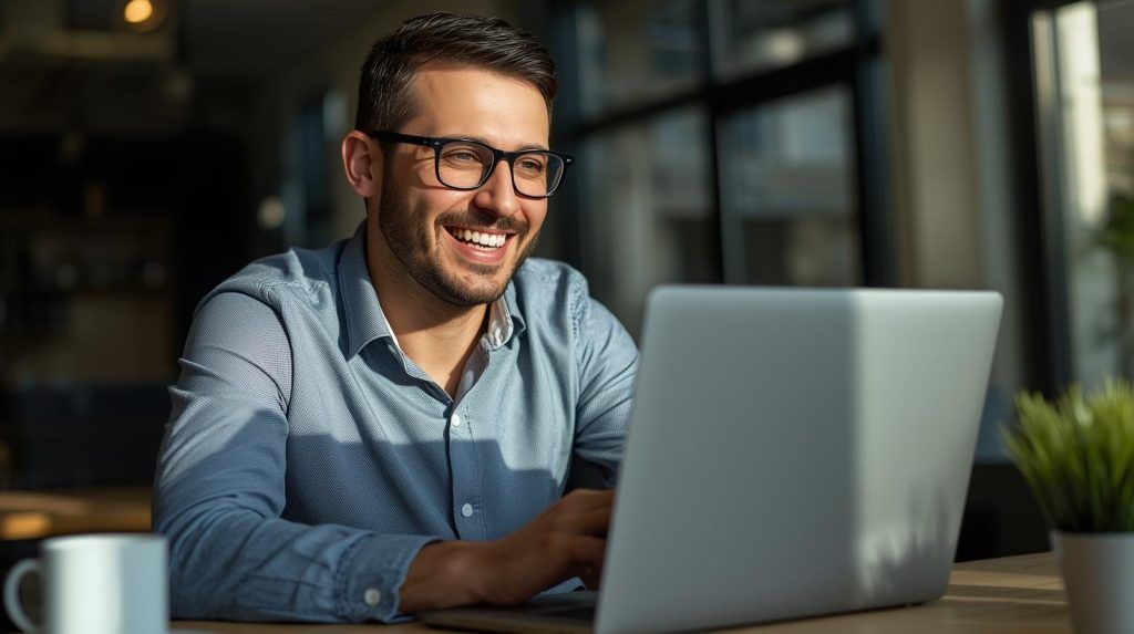 Antreprenor mulțumit analizând creșterea organică a site-ului după optimizare SEO, după o analiză de costuri optimizare SEO